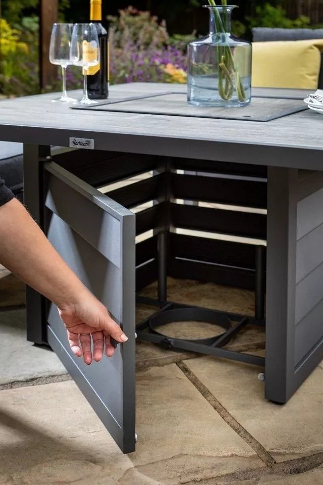 · Hartman Sorrento Square Casual Dining Set With Gas Fire Pit & Lounge Chairs Corner Sofa set